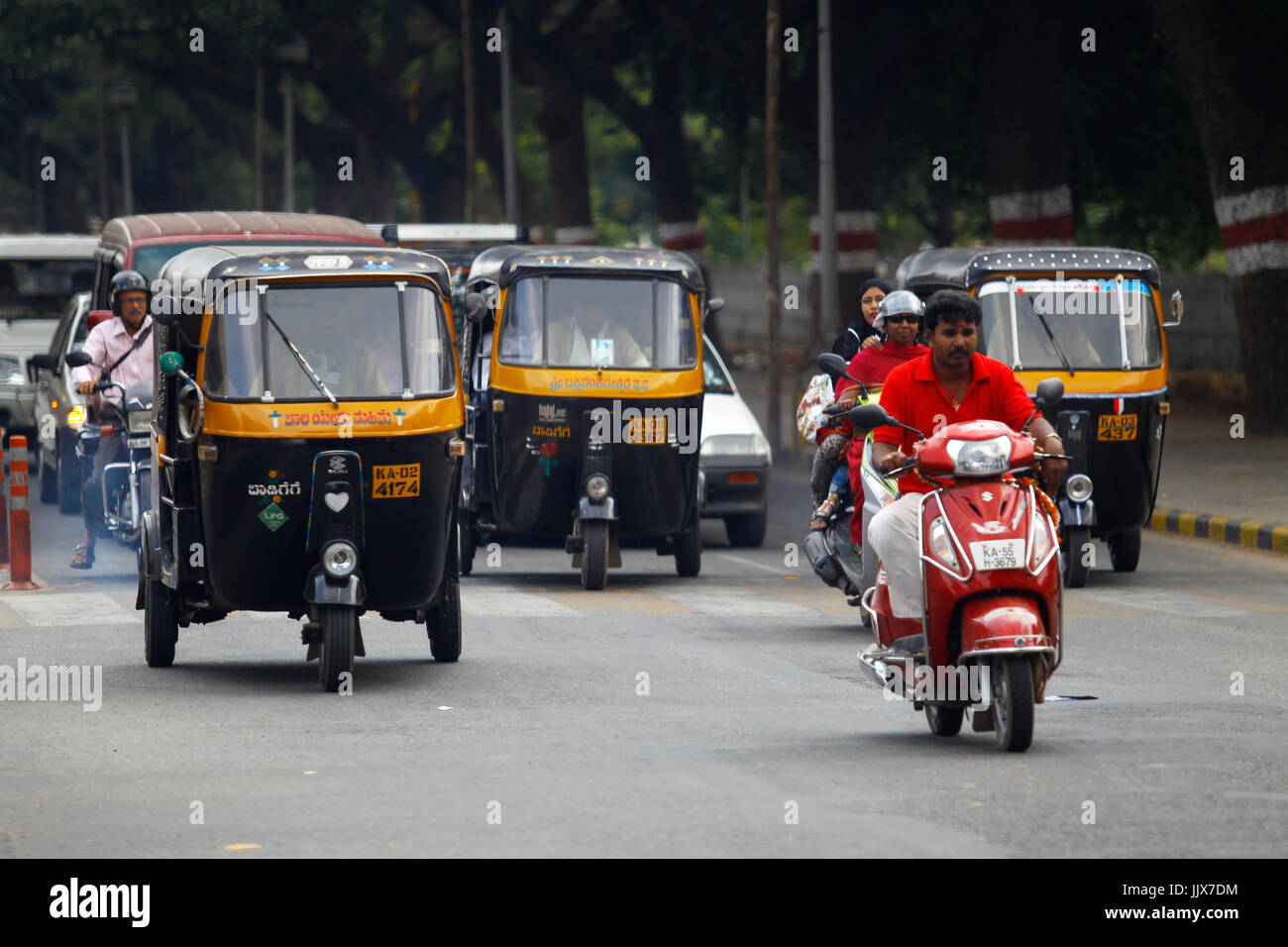 Tuk Tuk taxis are a commom public transport in the Indian streets, Mysore, Karnataka, India Stock Photo