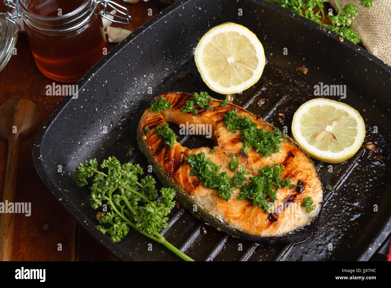 Pan grilled salmon steak Stock Photo
