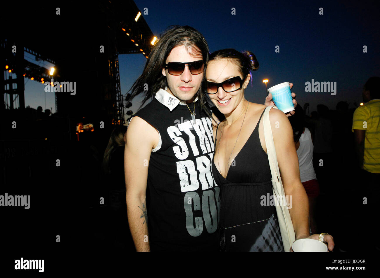 Adam Alt (l) Street Drum Corps backstage Bamboozle Festival Day 2