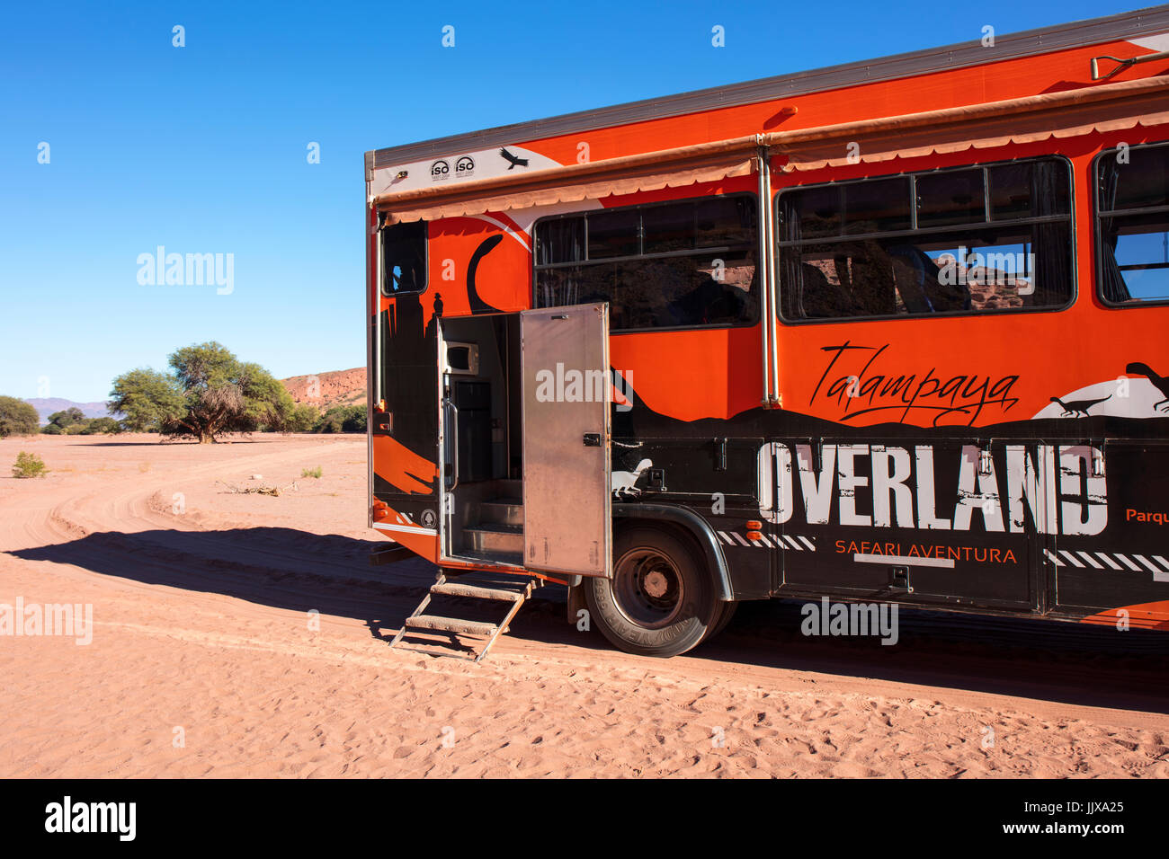 The 'Overland' tour truck. Talampaya National Park, La Rioja, Argentina. Stock Photo