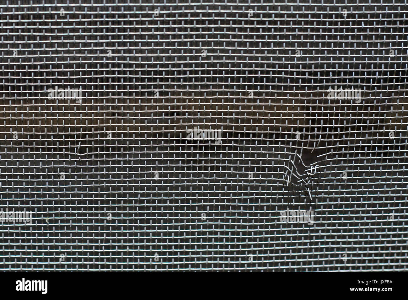 Up close detail of a window screen with a hole in it. Stock Photo