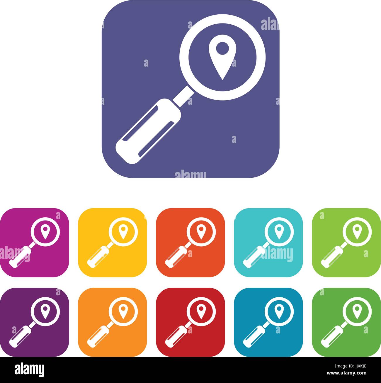 Magnifying glass and location icons set Stock Vector