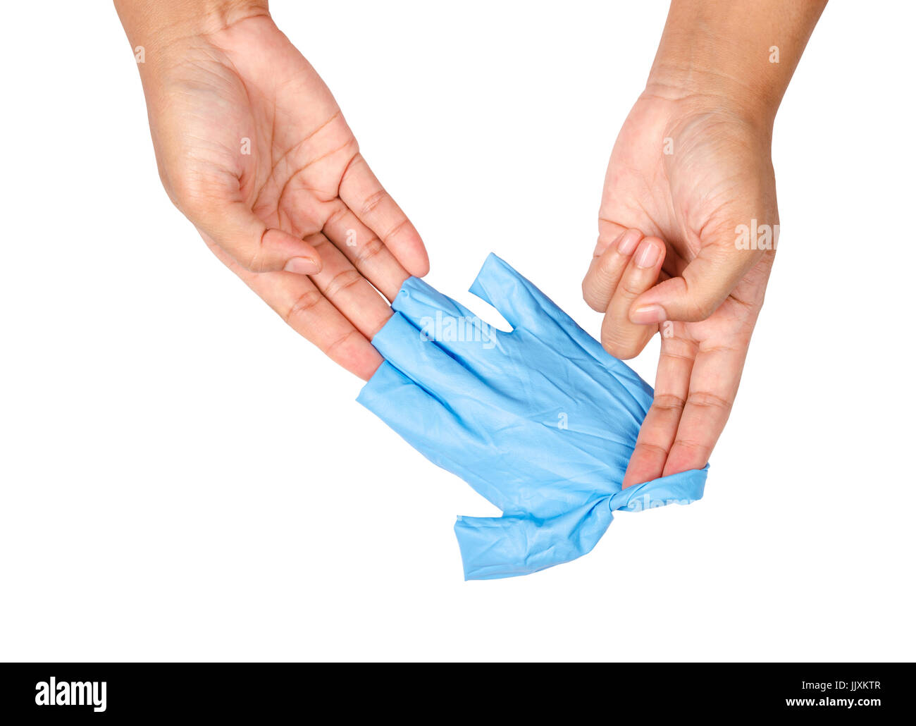Hand throwing away blue disposable gloves medical, Isolated on white