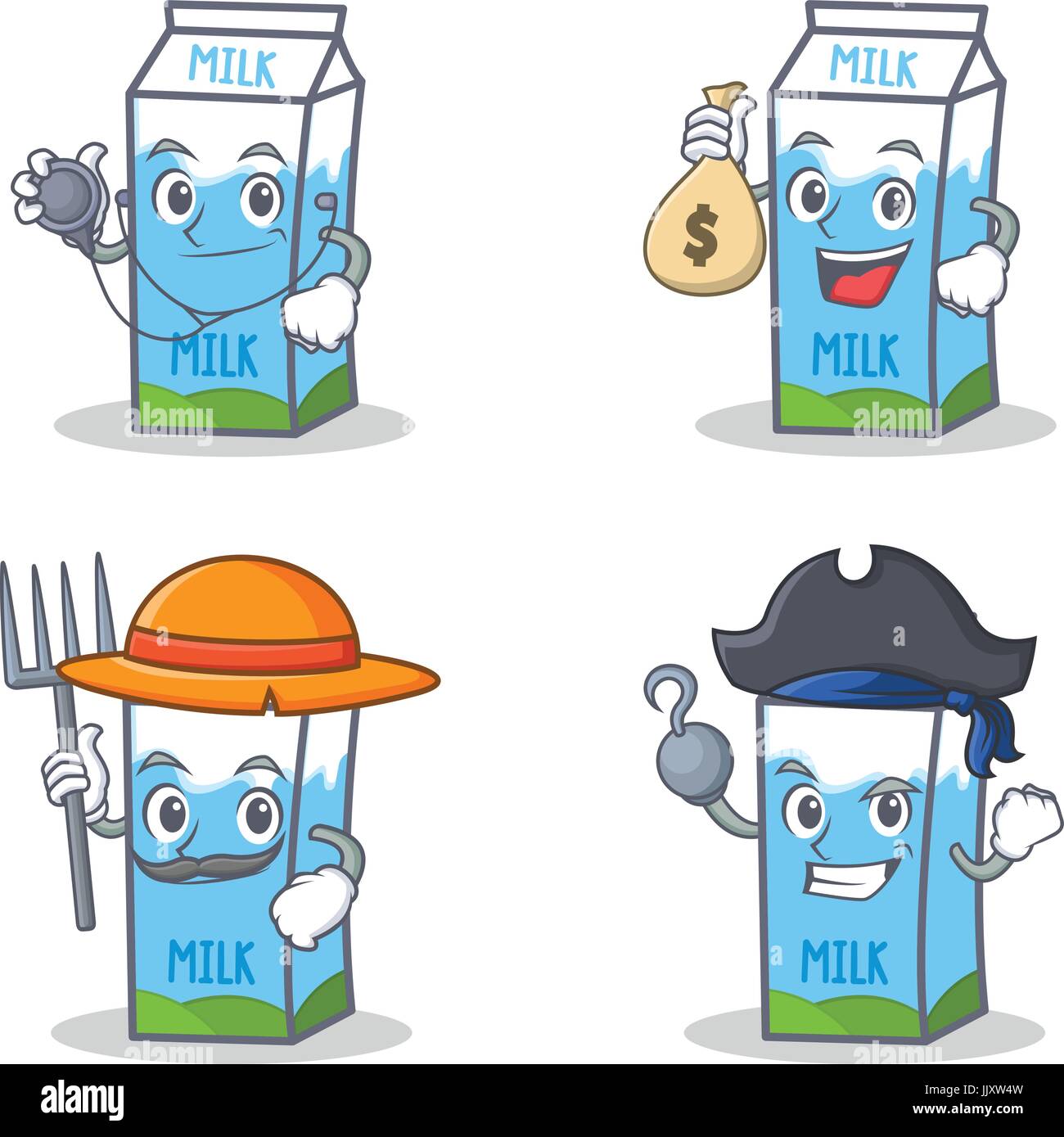 Set of milk box character with doctor money bag farmer pirate Stock Vector