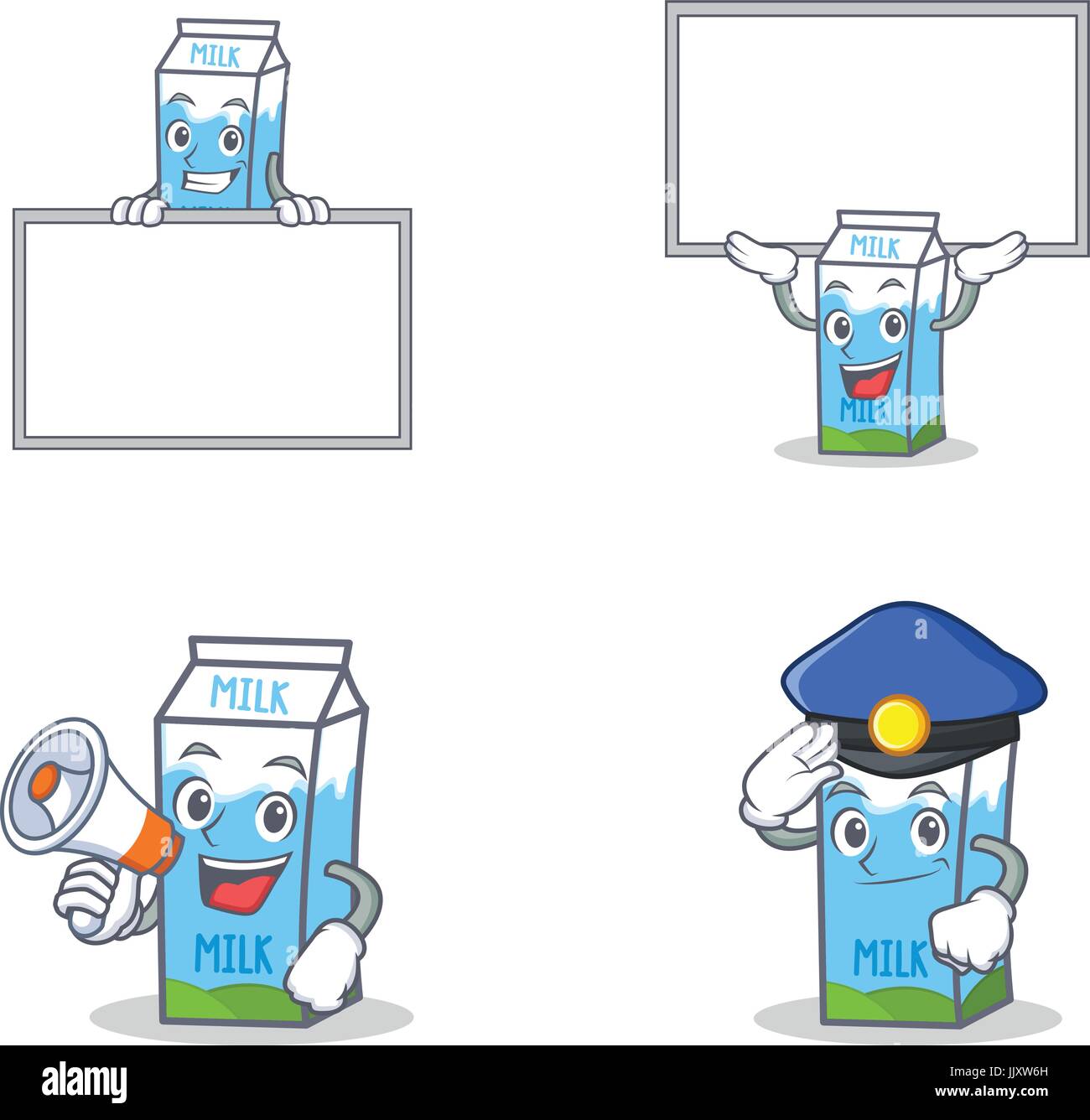 Set of milk box character with board megaphone police Stock Vector
