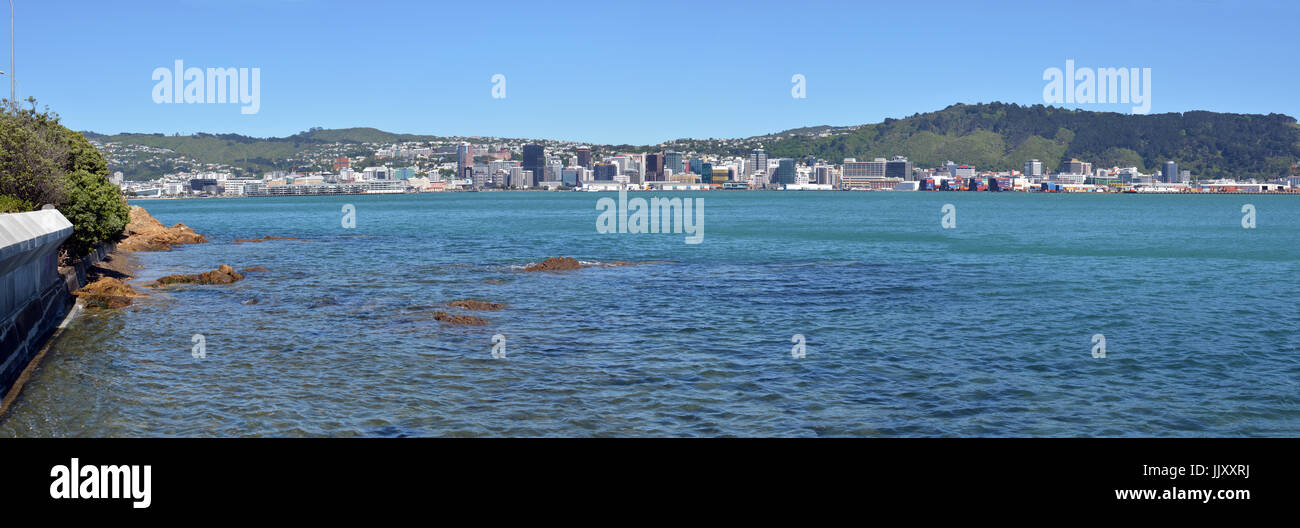 Wellington Harbour & City landscape Early Morning Panorama in Springtime. In the background is the Wellington City Waterfront and central business dis Stock Photo