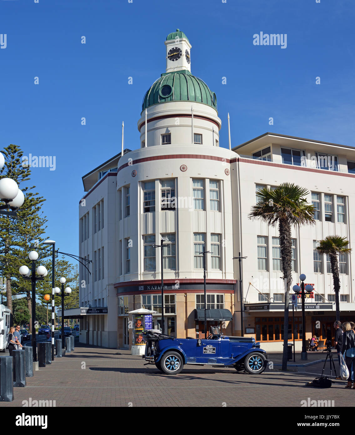 Napier - New Zeland - April 27, 2017: The T&G Building Is an example of the Art Deco style of architecture from the early 1930's. In the foreground is Stock Photo
