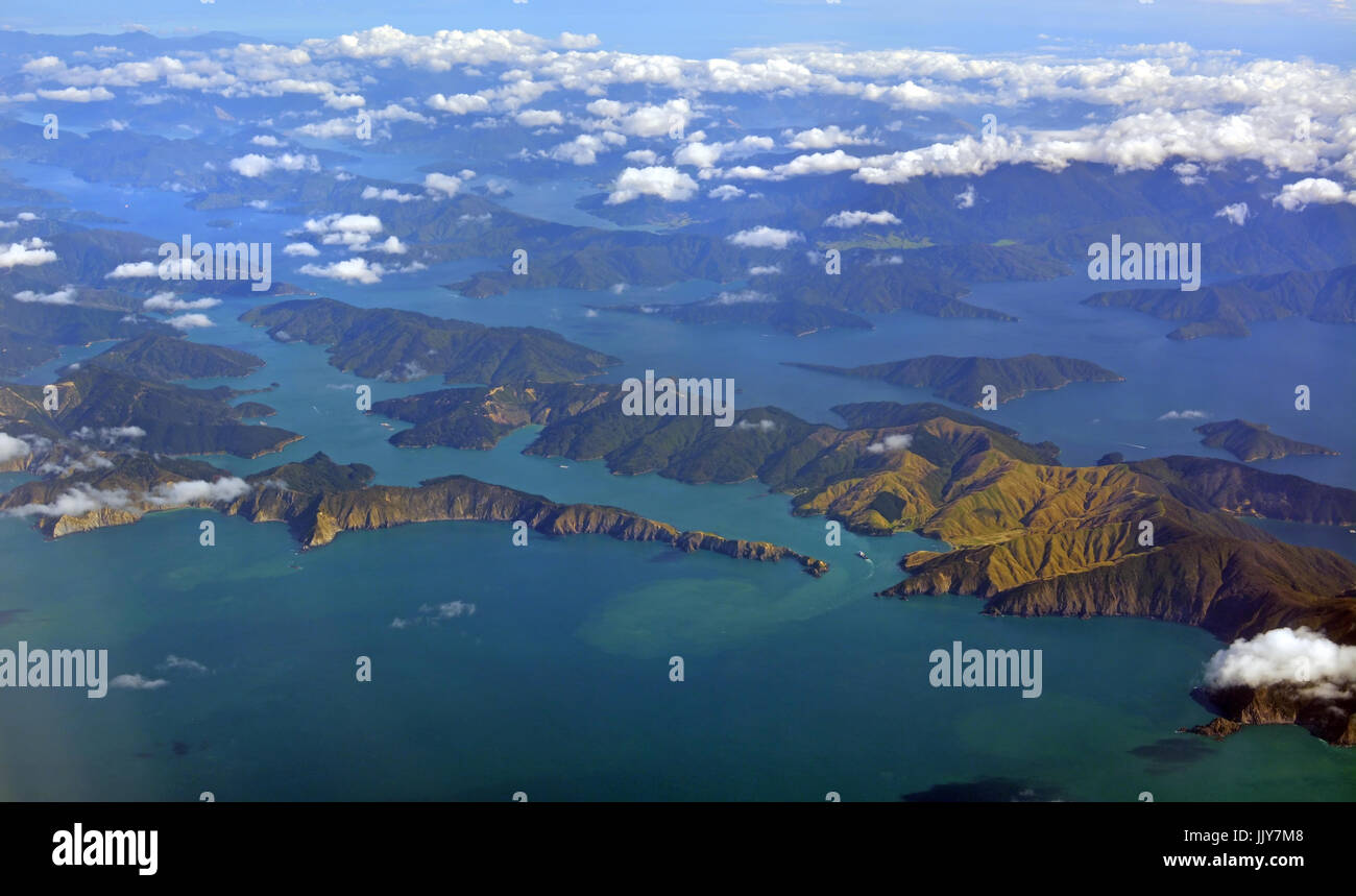Aerial view of the Marlborough Sounds on an Autumn morning. Includes