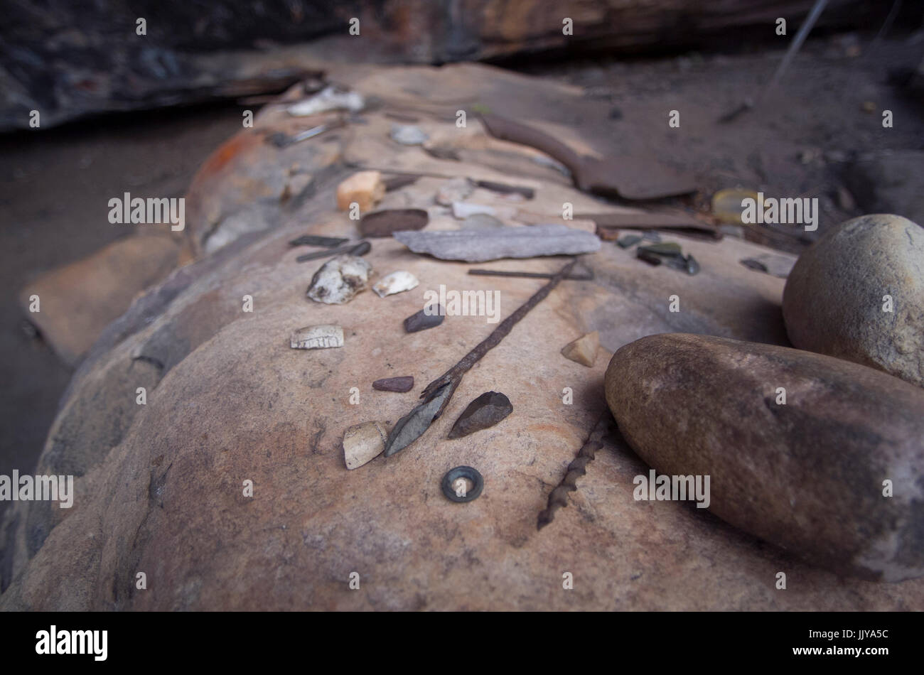 indigenous hunting tools and equipment found in a ancient cave Stock Photo