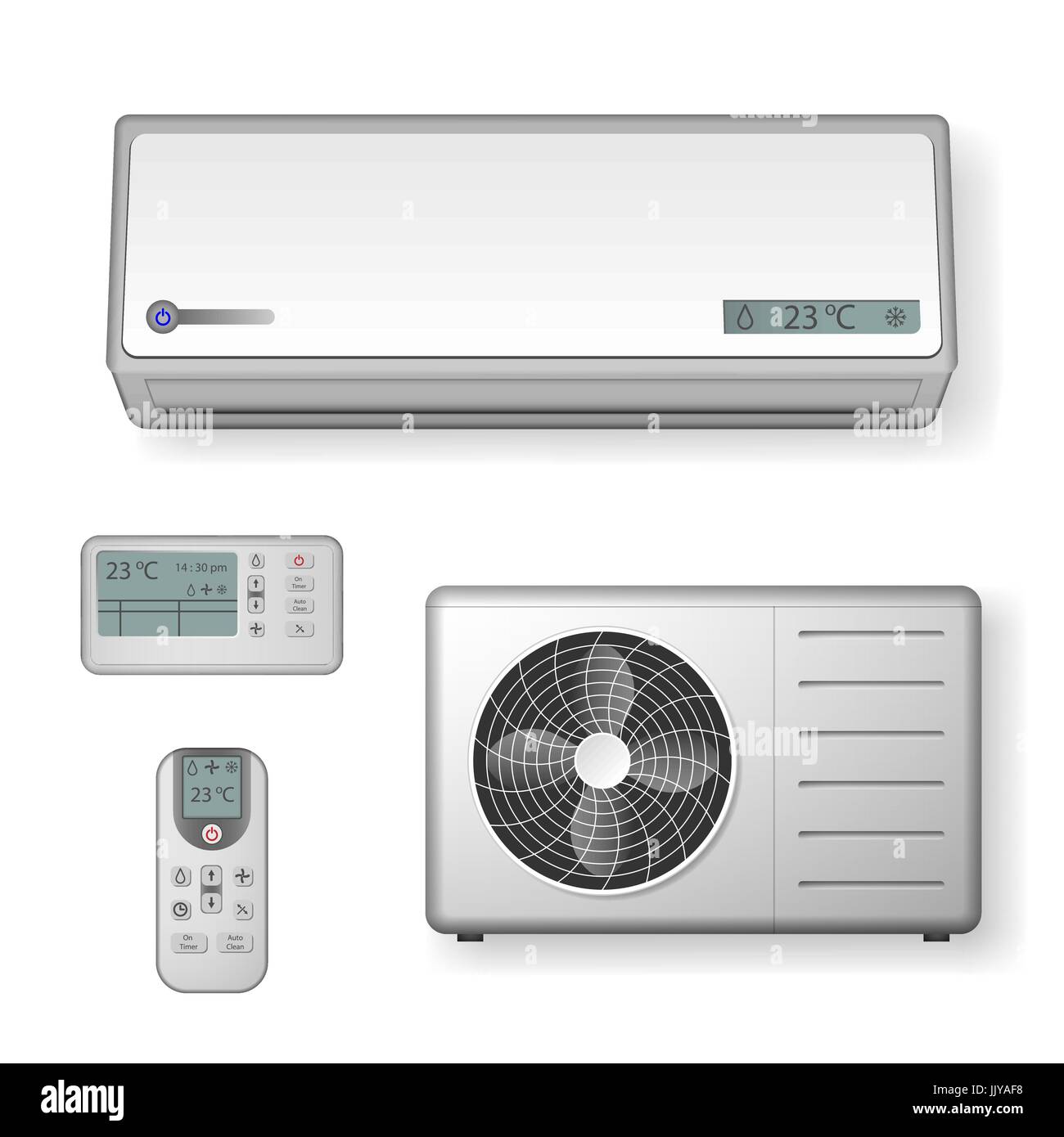 Realistic set of air conditioner with cooling and ventilation equipment isolated on white. vector illustration Stock Vector