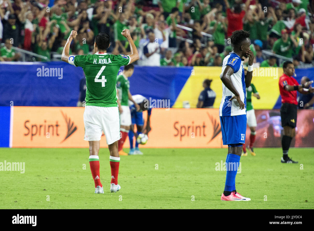 Glendale, Arizona, USA. 20th July, 2017. Mexico's HUGO AYALA (4) raise his arms after winning against Honduras Thursday, July 20, 2017, during the 2017 Gold Cup Quarterfinals at University of Phoenix Stadium in Glendale, Arizona. Mexico won 1-0 against Honduras to advance to the 2017 Gold Cup Semifinals. Credit: Jeff Brown/ZUMA Wire/Alamy Live News Stock Photo