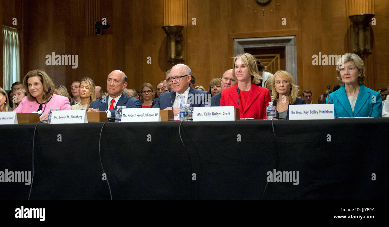 From left to right: Kathleen Troia (K.T.) McFarland, Ambassador-designate of the United States Of America to the Republic Of Singapore; Lewis M. Eisenberg, Ambassador-designate of the USA to the Italian Republic, and to serve concurrently and without additional compensation as Ambassador of the USA to the Republic Of San Marino; Robert Wood (Woody) Johnson IV, Ambassador-designate of the USA to the United Kingdom of Great Britain and Northern Ireland; Kelly Knight Craft, Ambassador- designate of the USA to Canada; and former United States Senator Kay Bailey Hutchison (Republican of Texas), US Stock Photo