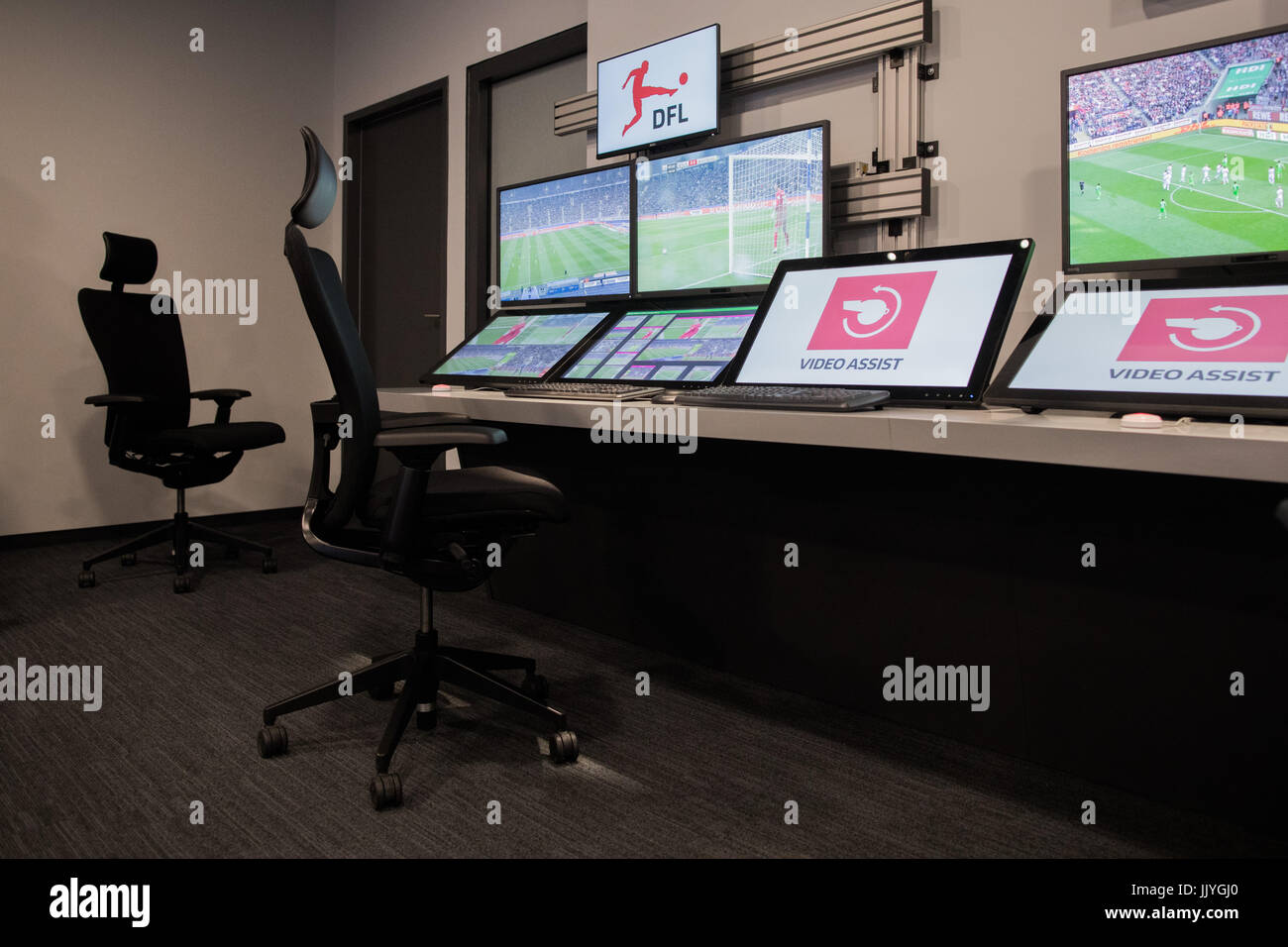 Cologne, Germany. 20th July, 2017. The video assistant referee centre in Cologne, Germany, 20 July 2017. With the beginning of the new German Bundesliga season, the video assistants are to provide guidance to referees on the pitch whenever a controversial situation arises. Photo: Rolf Vennenbernd/dpa/Alamy Live News Stock Photo