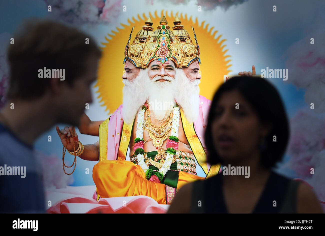 Halle/Saale, Germany. 21st July, 2017. A photo piece depicting the god Brahma from the series 'Darshan, 2013/2017' by the New York photographer Manjari Sharma at the exhibition 'Reflections of India' in the Moritzburg art museum in Halle/Saale, Germany, 21 July 2017. The show brings together photo works by American photographer Manjari Sharma and German photographers Andre Wagner and Manfred Paul. Credit: dpa picture alliance/Alamy Live News Stock Photo