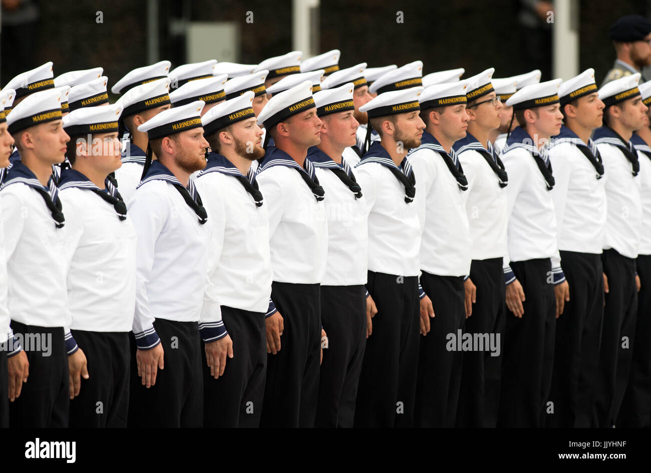 Berlin, Germany. 20th July, 2017. Recruits of the German Naval NCO School in Ploen seen prior to the swearing-in ceremony on the Bendlerblock parade ground in Berlin, Germany, 20 July 2017. 400 recruits were sworn in during a ceremony on the 73rd anniversary of the 20 July plot, an attempt launched by a group of conspirators to assassinate Adolf Hitler, leader of Nazi Germany at that time. Photo: Soeren Stache/dpa/Alamy Live News Stock Photo