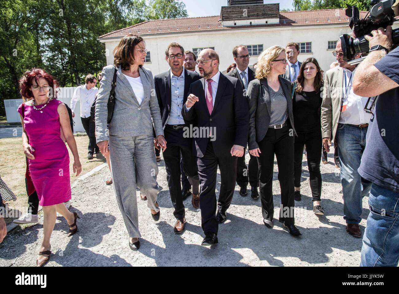 July 21, 2017 - Dachau, bavaria, germany - Dr. Gabrielle Hannemann speaking to Martin Schulz. (photo: Sachelle Babbar) The head of the SPD and Kanzlerkandidat (candidate for the Chancellorship of Germany) visited the Dachau concentration camp grounds in order to pay respects on behalf of his SPD party to the victims of National Sozialism. Schulz then presented a memorial plaque (followed by a moment of silence) with inscriptions honoring the victims and those who defend democracy. Credit: ZUMA Press, Inc./Alamy Live News Stock Photo