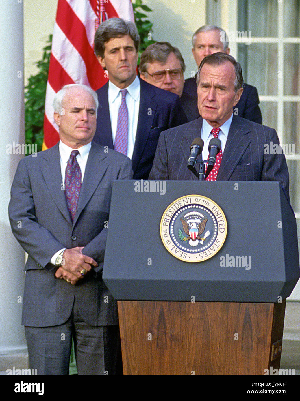 Washington, DC - (FILE) -- United States President George H.W. Bush announces the Government of Vietnam has agreed to make available all information including photographs, artifacts, and military documents on United States prisoners of war (POWs) and those missing in action (MIAs) in the Rose Garden of the White House on Friday, October 23, 1992. Pictured from left to right: United States Senator John McCain (Republican of Arizona); United States Senator John F. Kerry (Democrat of Massachusetts); United States Secretary of State Lawrence Eagleburger; Director of Central Intelligence Robert M. Stock Photo