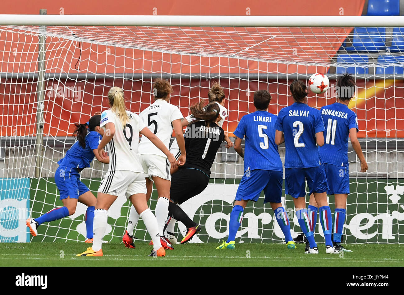 Germany's Josephine Henning (M) scores 10 against Italy's goalkeeper