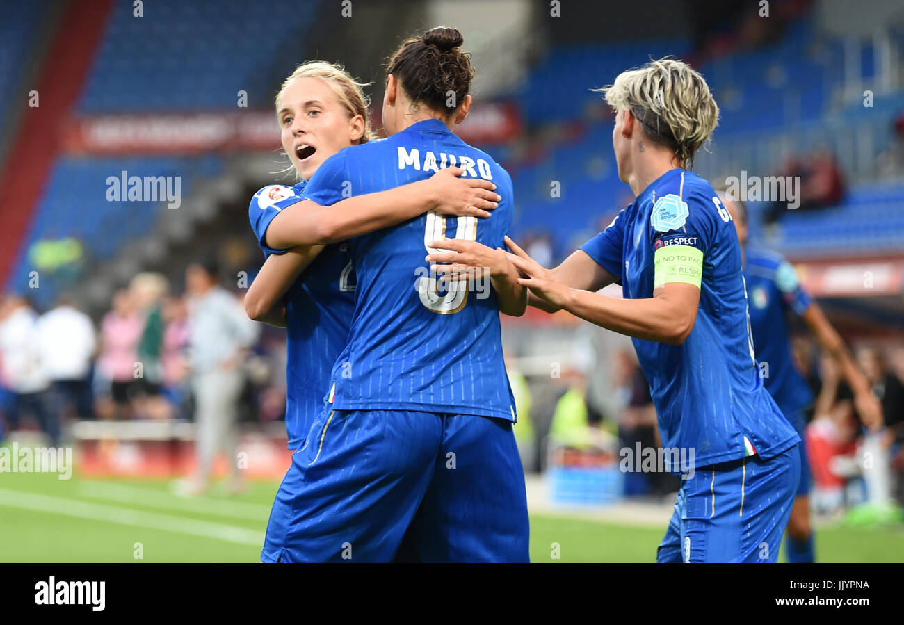 Ilaria Mauro of Italy cheers over her 1-1 equalizing score eith team mates Valentina Cernoia (L) and Melania Gabbiadini (R) during the women's European Soccer Championships group B match between Germany and Italy at the Koning Willem II Stadium in Tilburg, the Netherlands, 21 July 2017. Photo: Carmen Jaspersen/dpa Stock Photo