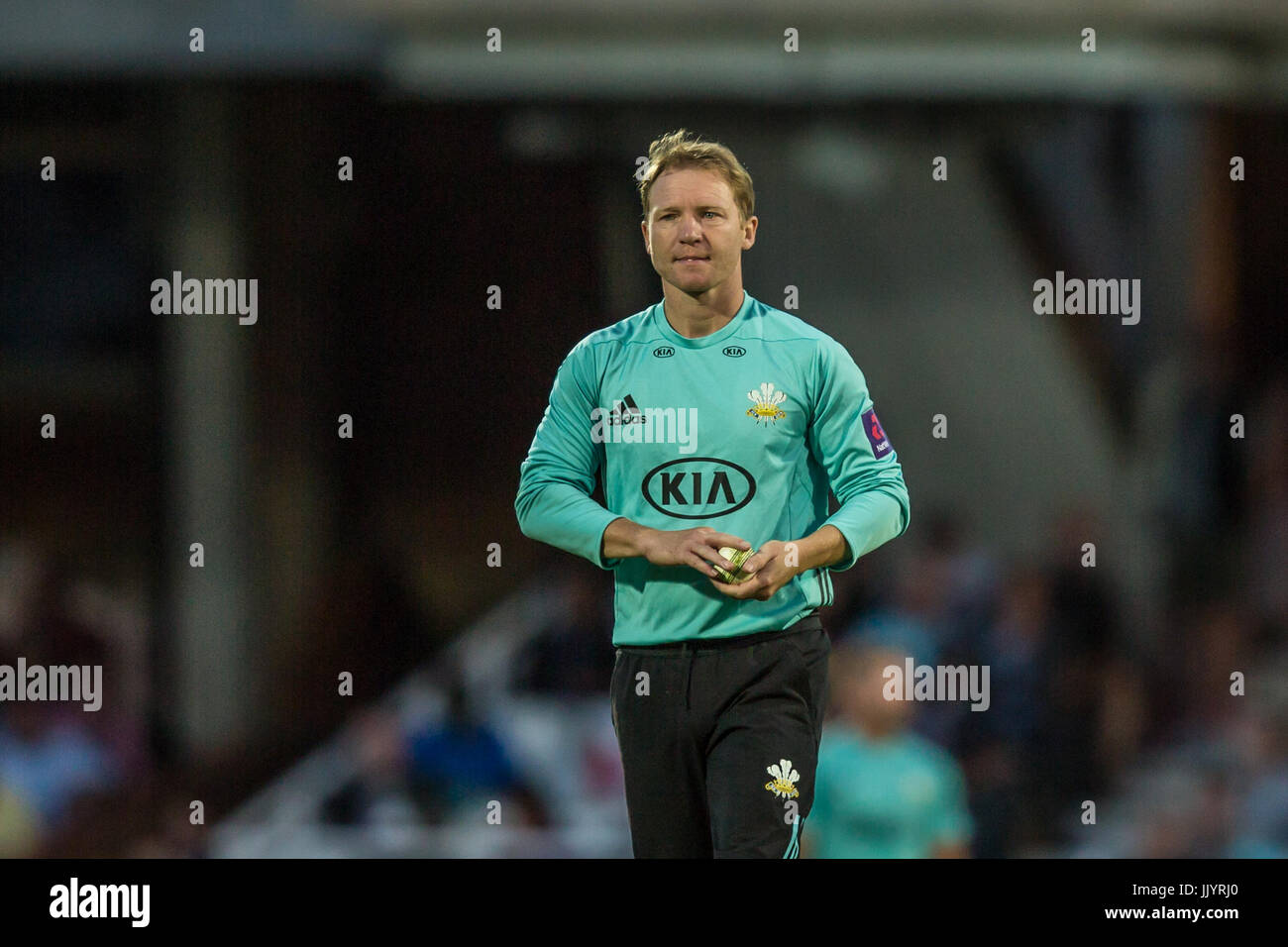 London, UK. 21 July, 2017. Gareth Batty bowling for Surrey against Middlesex in the NatWest T20 Blast match at the Kia Oval. David Rowe/Alamy Live News Stock Photo