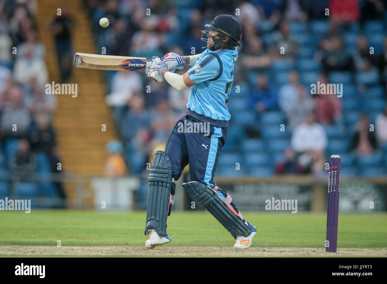 David Wiley hits the ball for six during the Natwest T20 Blast game between Yorkshire County Cricket Club v Warwickshire County Cricket Club on Friday 21 July 2017. Photo by Mark P Doherty. Stock Photo