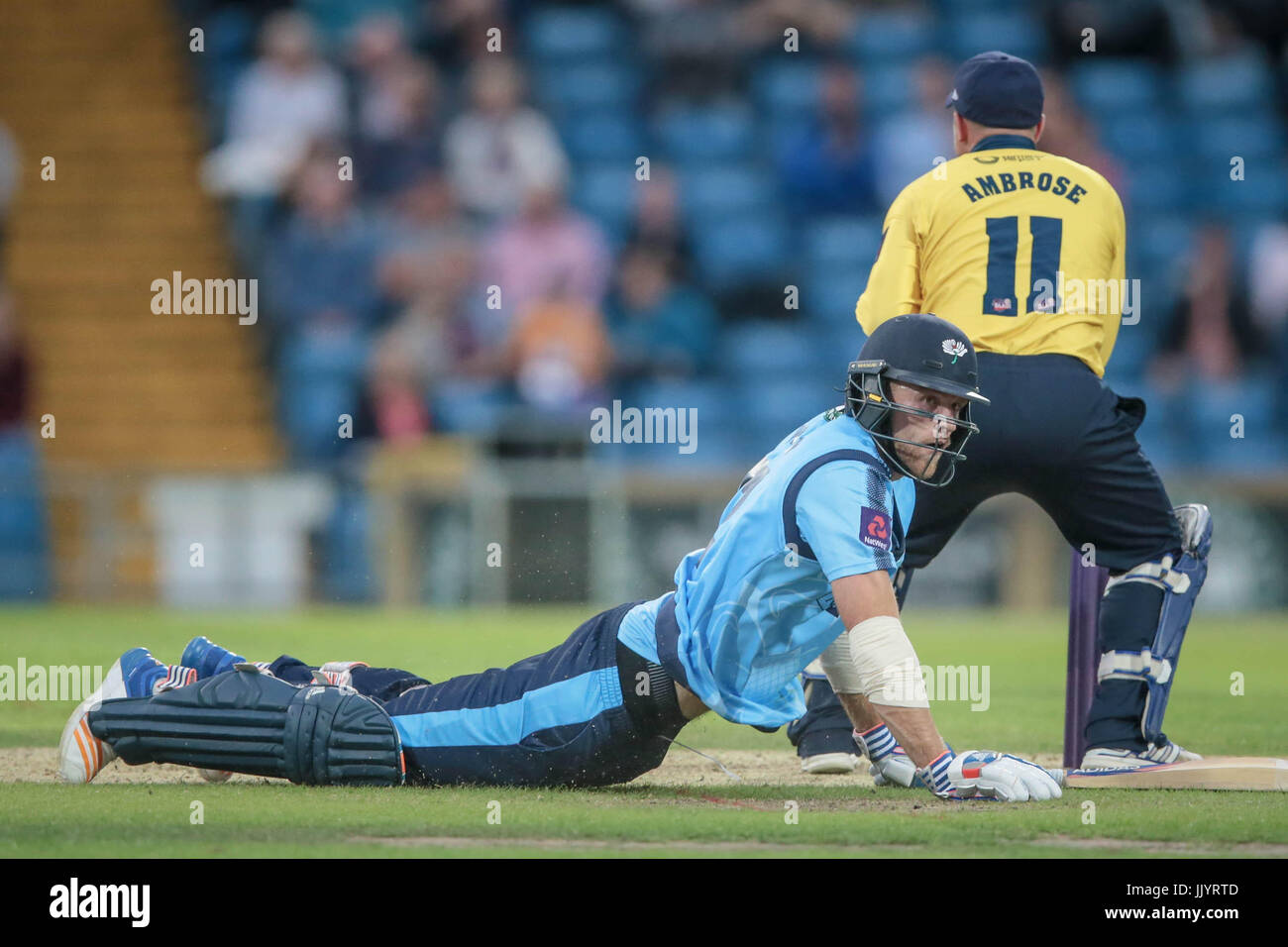 David Wiley looks to the umpire to check if he is in, having dived for the crease while running a risky two runs. He is judged to be in during theNatwest T20 Blast game between Yorkshire County Cricket Club v Warwickshire County Cricket Club on Friday 21 July 2017. Photo by Mark P Doherty. Stock Photo