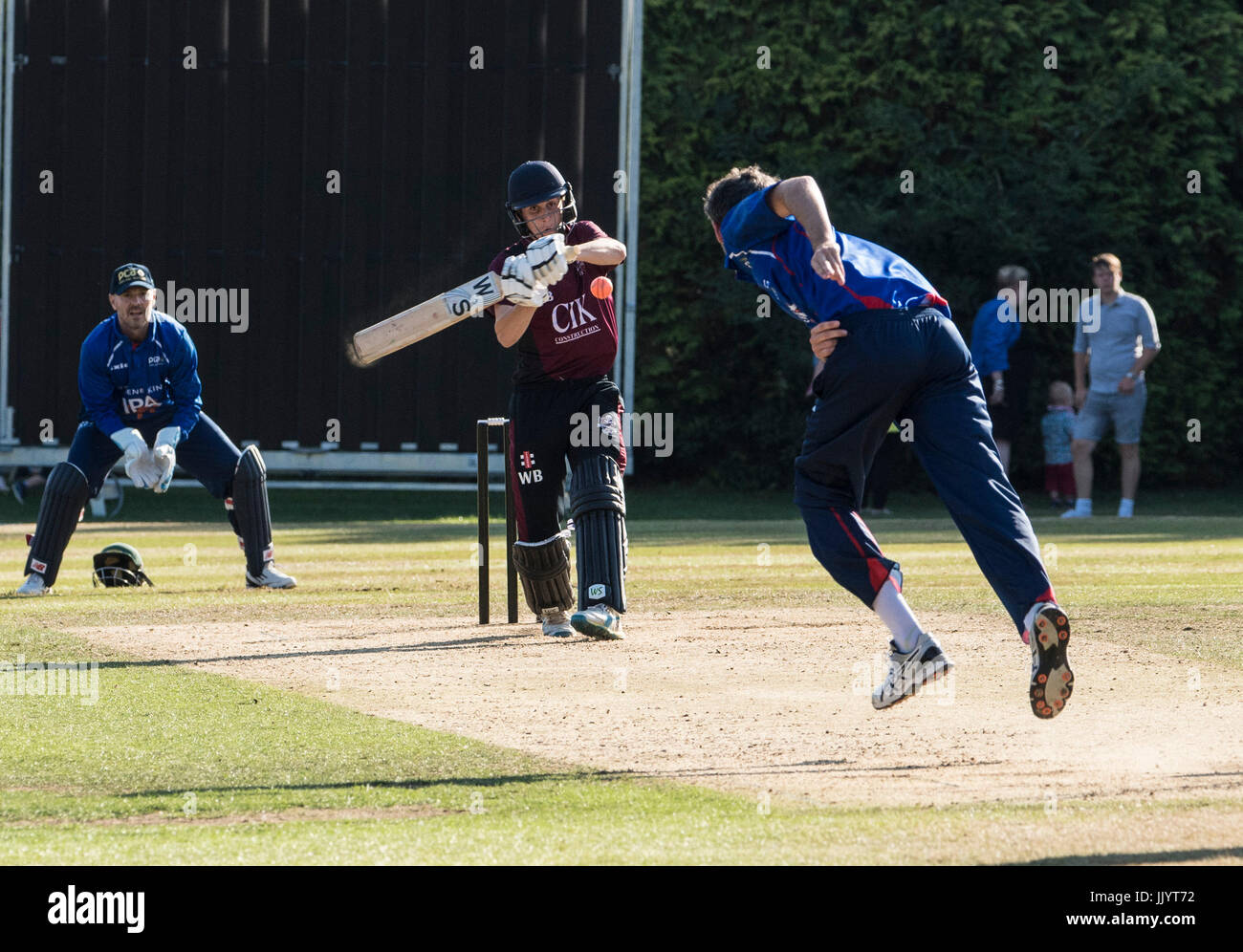 Brentwood, Essex 21st July 2017, Graham Onions bowls for the PCA English Masters against Brentwood Cricket Club. Credit: Ian Davidson/Alamy Live News Stock Photo