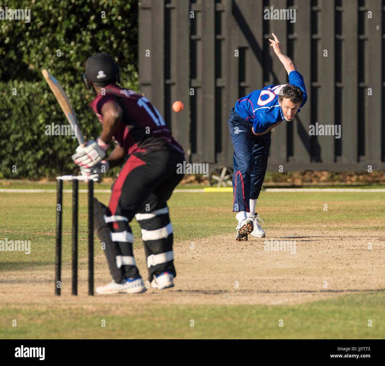Brentwood, Essex 21st July 2017, Anthony Alleyne bats for Brentwood Cricket Club against the PGA English Master at Brentwood Cricket Club., Graham Onions bowls for the PCA English Masters Credit: Ian Davidson/Alamy Live News Stock Photo