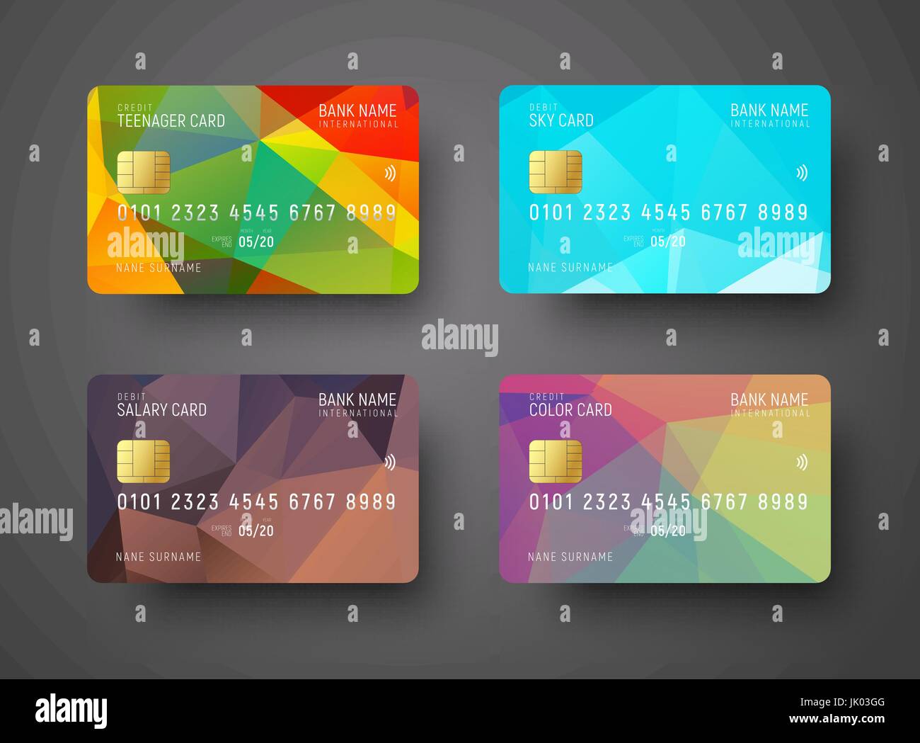 set of templates of a credit (debit) bank card with a colored polygonal abstract background for different levels. Vector illustration. Stock Vector