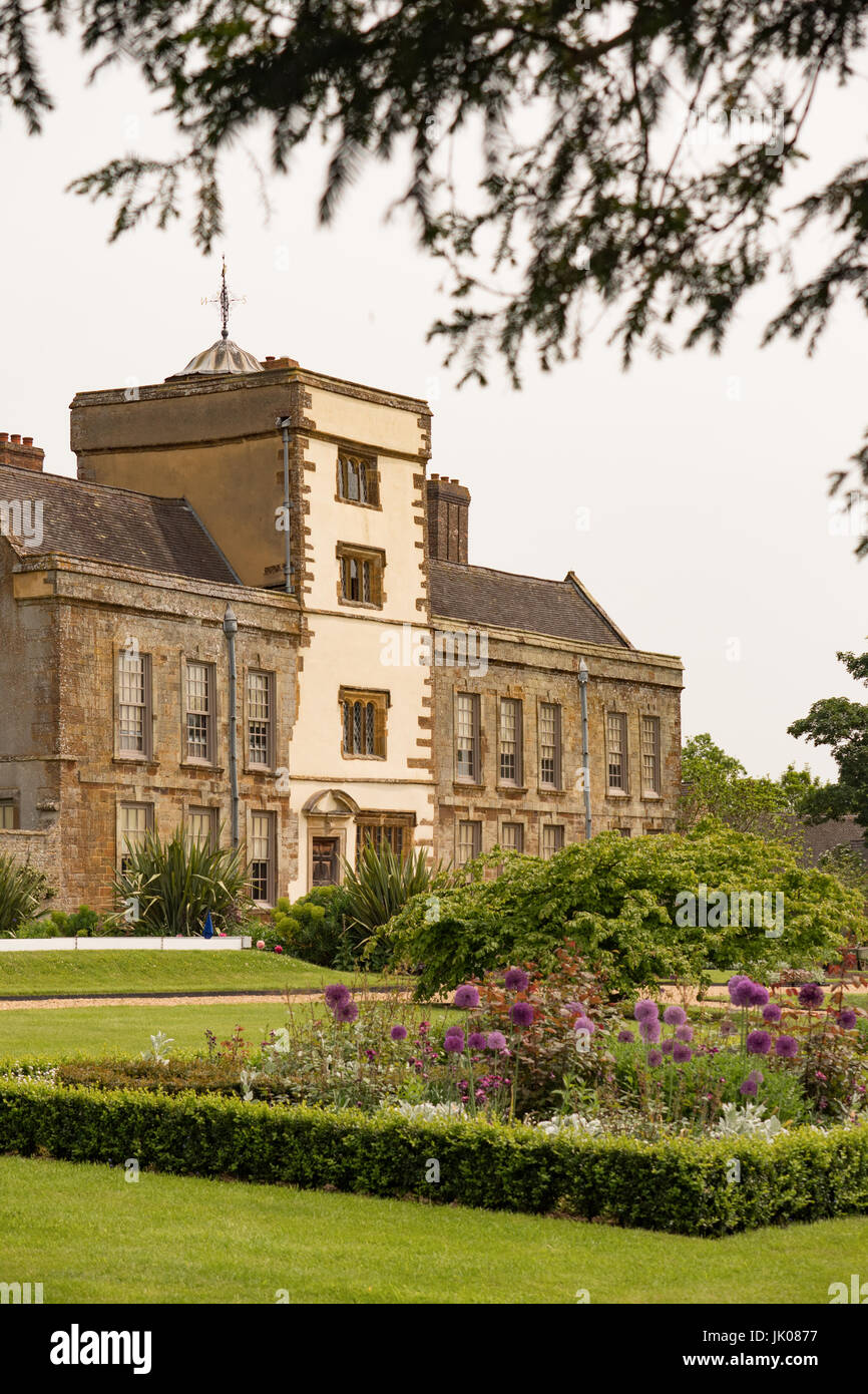 The house and gardens at Canons Ashby House, Northamptonshire, England