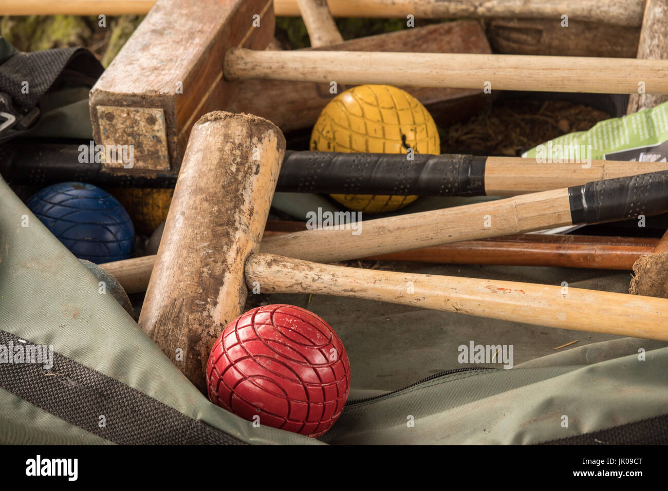 Croquet mallet and balls Stock Photo Alamy