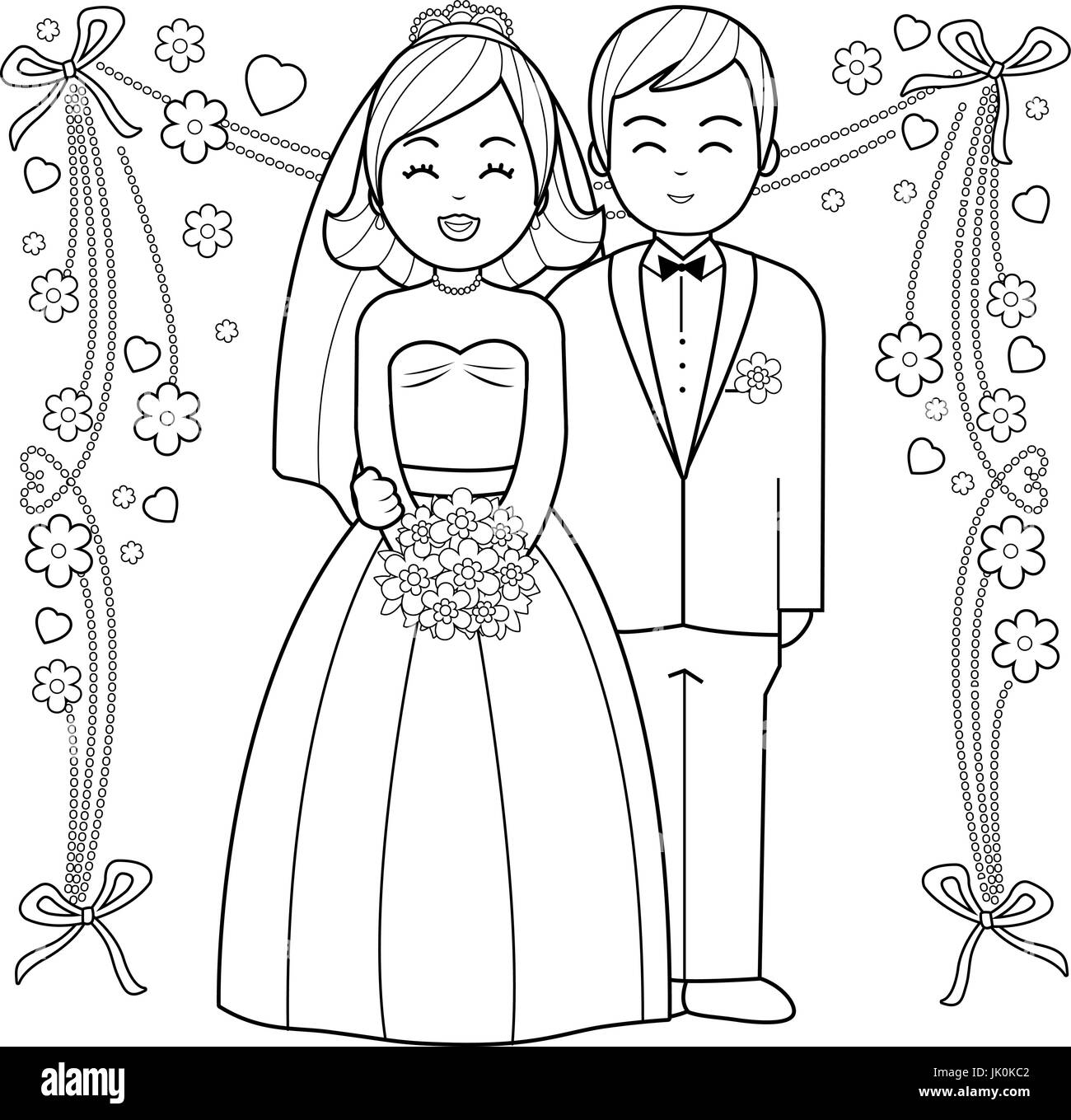 Bride and groom. Black and white coloring book page. Stock Vector