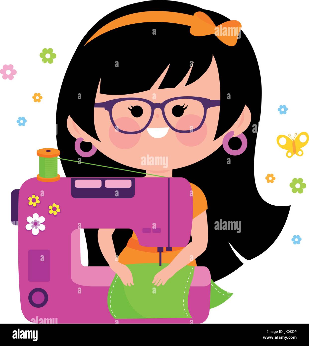 A woman dressmaker at sewing machine flat Vector Image