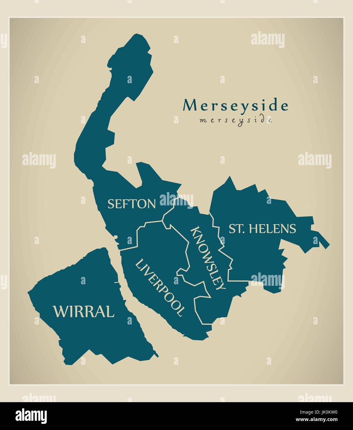 Modern Map - Merseyside metropolitan county labelled districts UK England Stock Vector