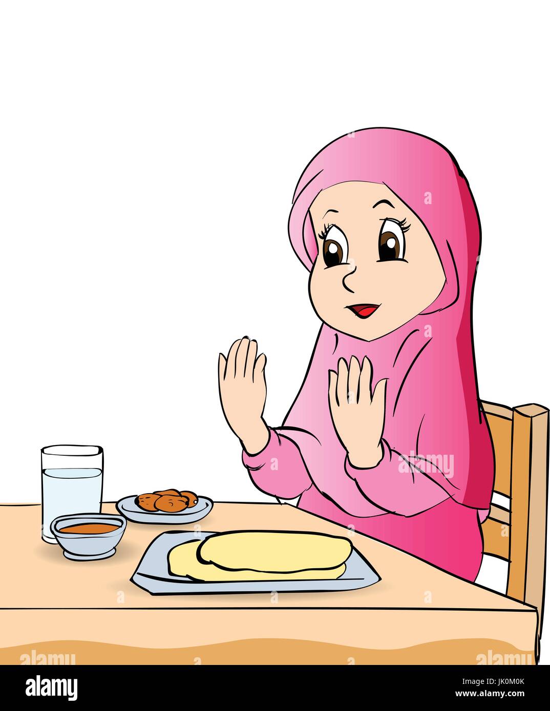 Colorful Cartoon girl make pray before eating on white background , Vector clipart illustration , Stock