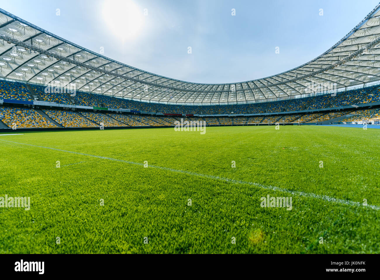 Panoramic view of soccer field stadium and stadium seats Stock Photo