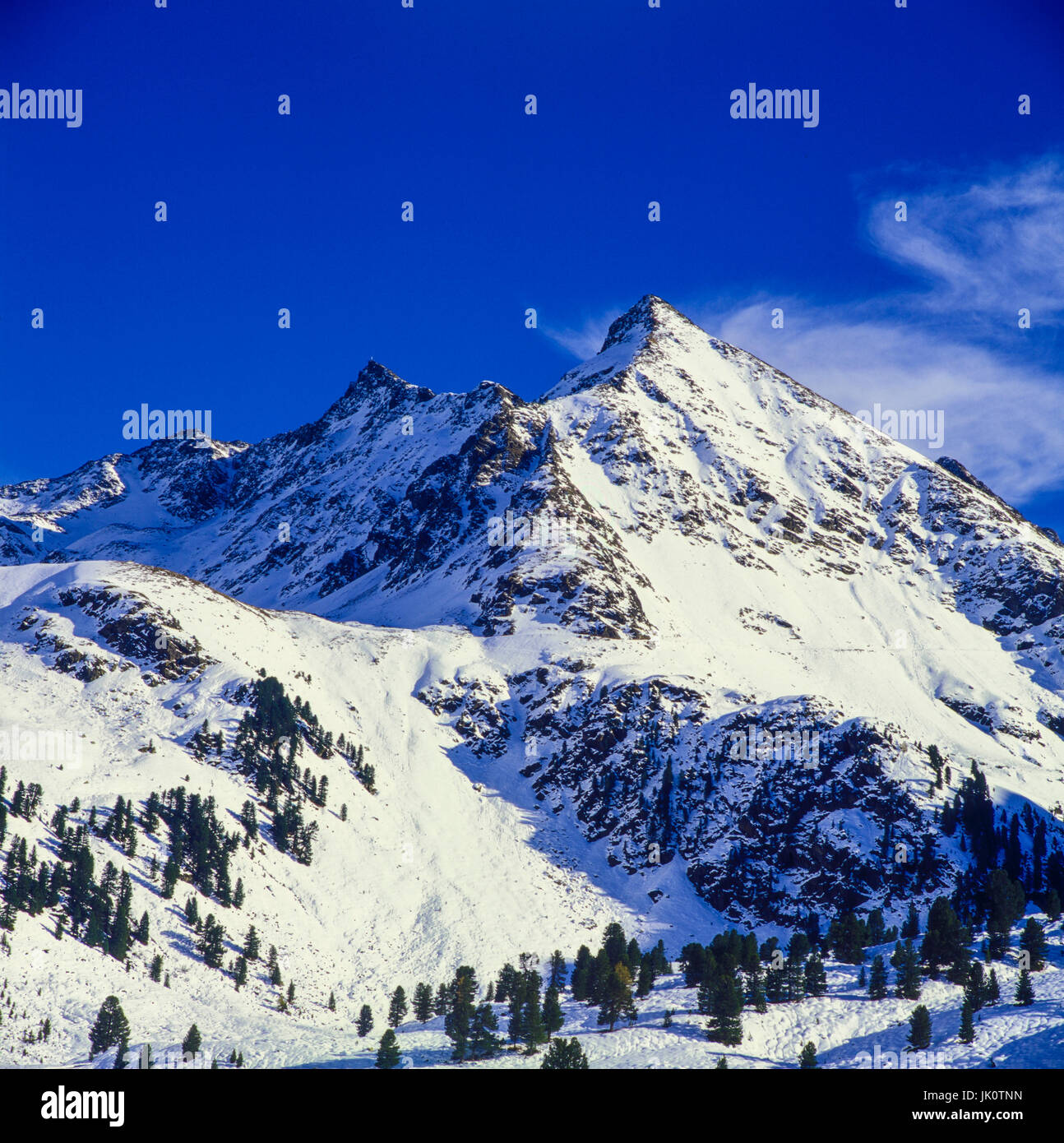 snow-covered high rich head (3010m) with scanty arvenbestand in the avalanche line. high rich head (3010m) and sparsely pinus cembra trees on its foot Stock Photo
