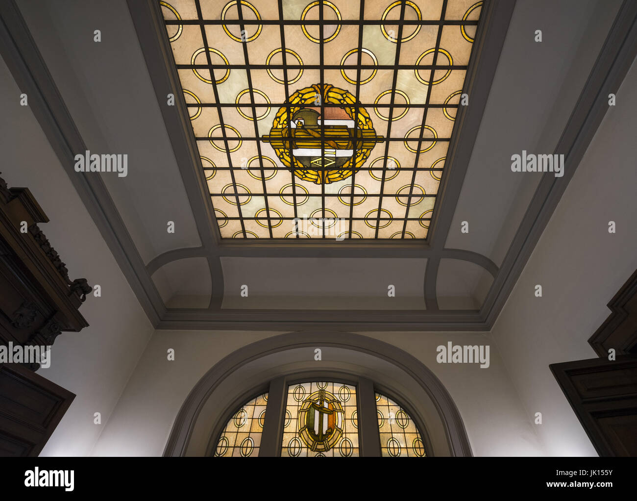 Color stained glass on the ceiling of interior in Marine ministry in Rome. Italy, Rome, 2017 Stock Photo