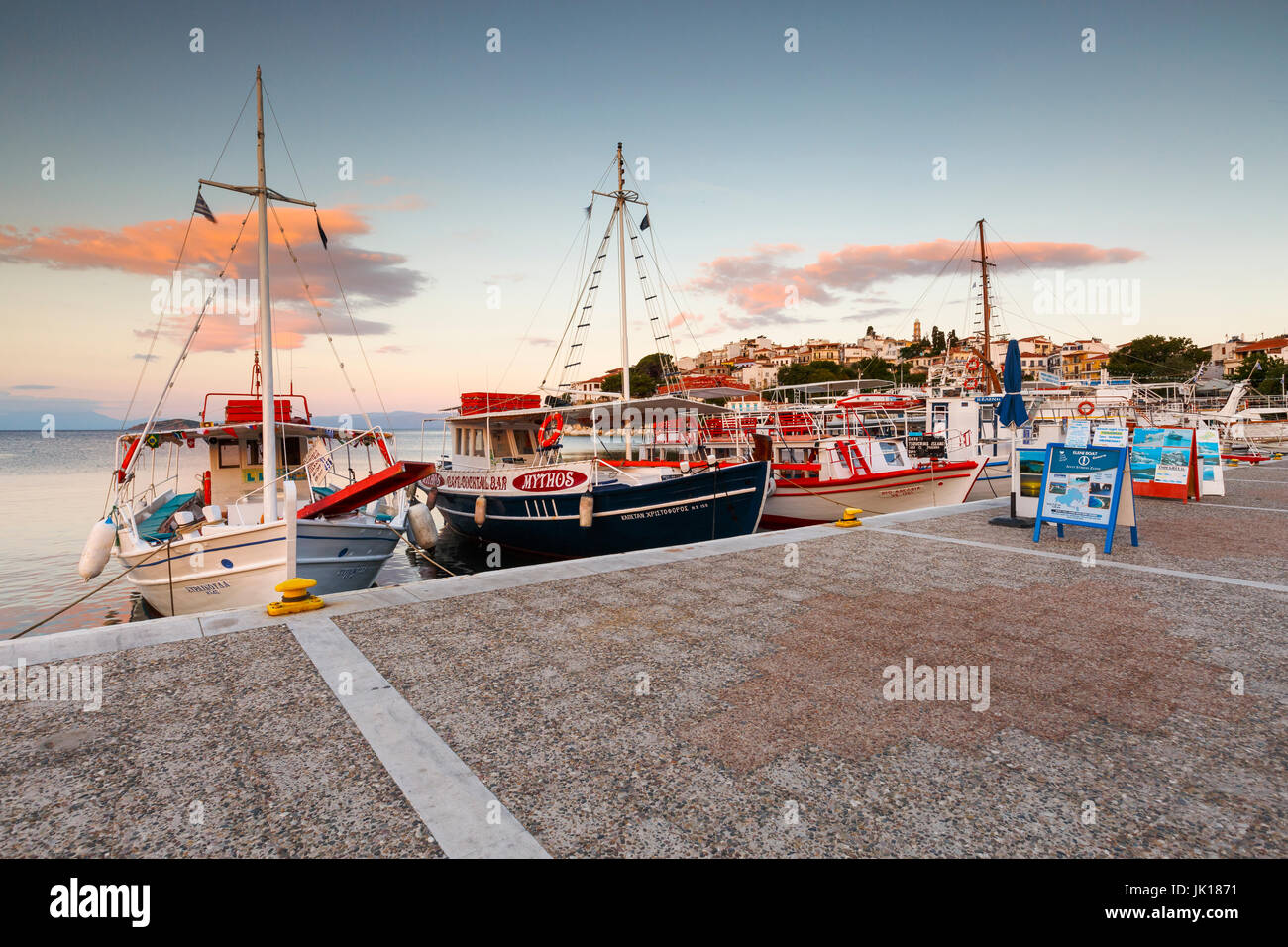 Morning view of the harbour on Skiathos island, Greece. Stock Photo