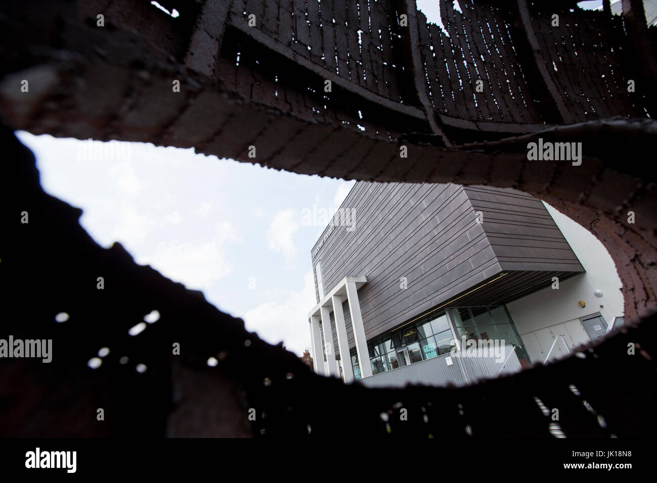 The Marlowe Theatre, Canterbury, Kent , England, UK, viewed through the Bulkhead by artist Rick Kirby. Credit: Windmill Images. Stock Photo