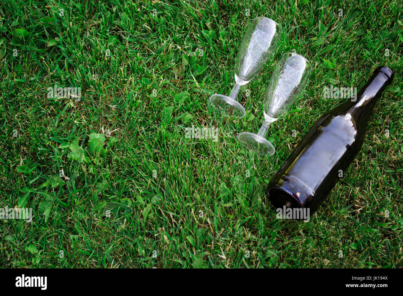 Big Glass Bottle of Wine Empty, on Green Grass Background. Stock