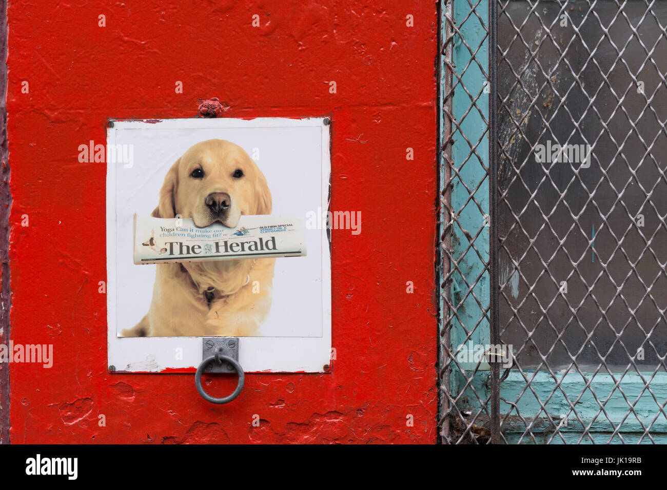 The Herald Newspaper advertising outside a newsagents in Glasgow city centre, Scotland, UK Stock Photo