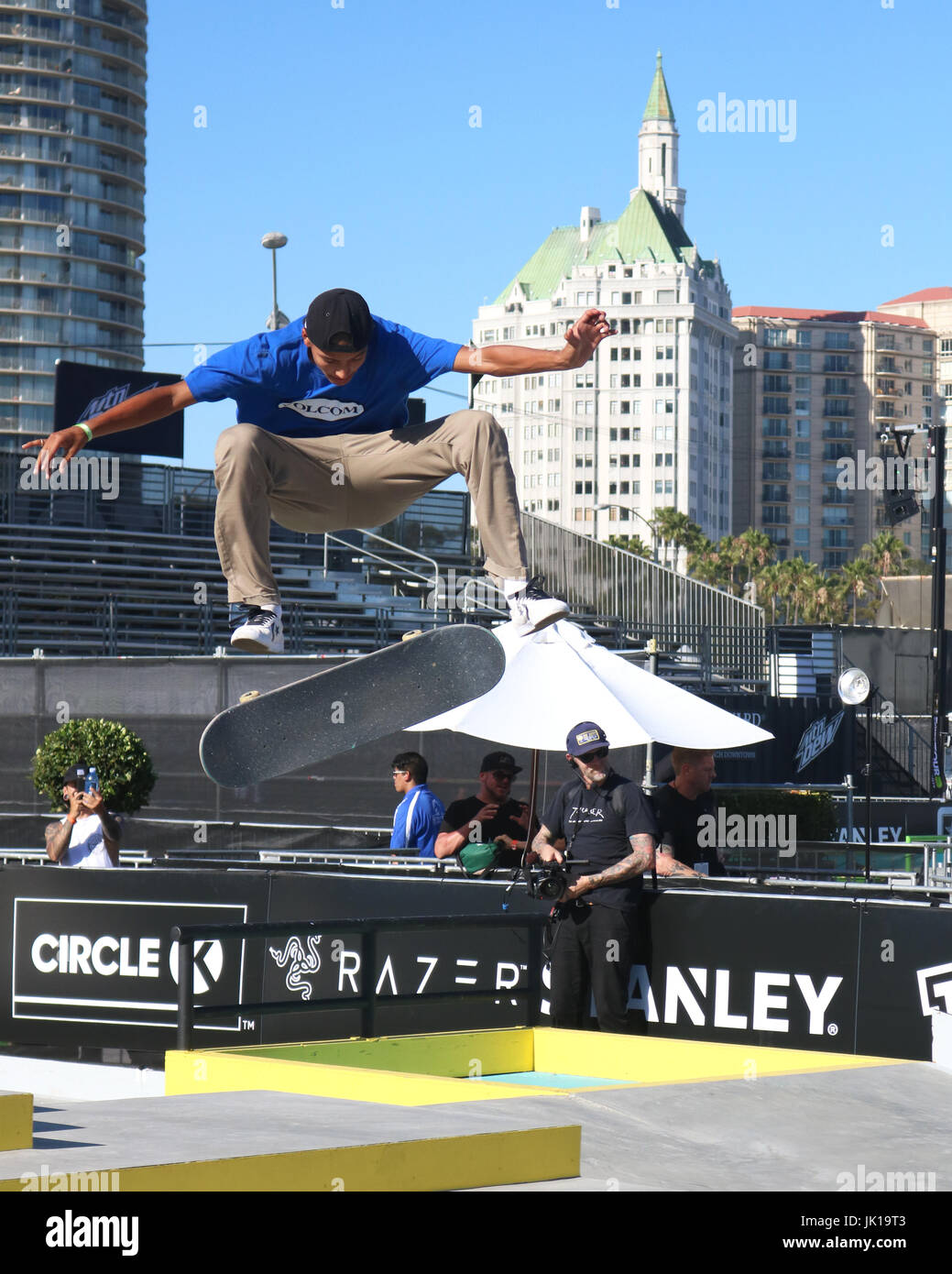 Professional Skateboarders compete at the 2017 Dew tour in Long Beach