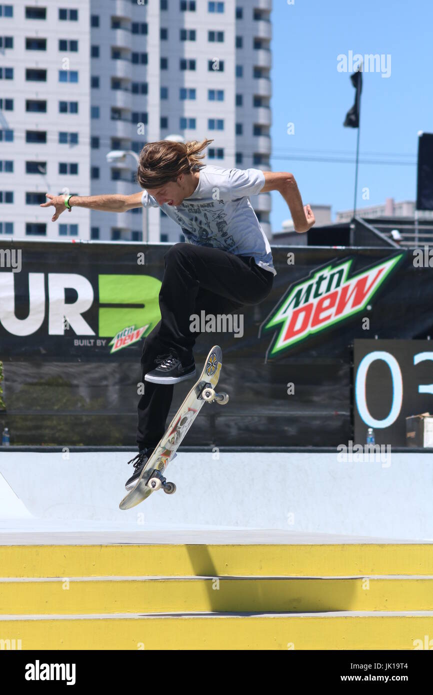 Professional Skateboarders compete at the 2017 Dew tour in Long Beach
