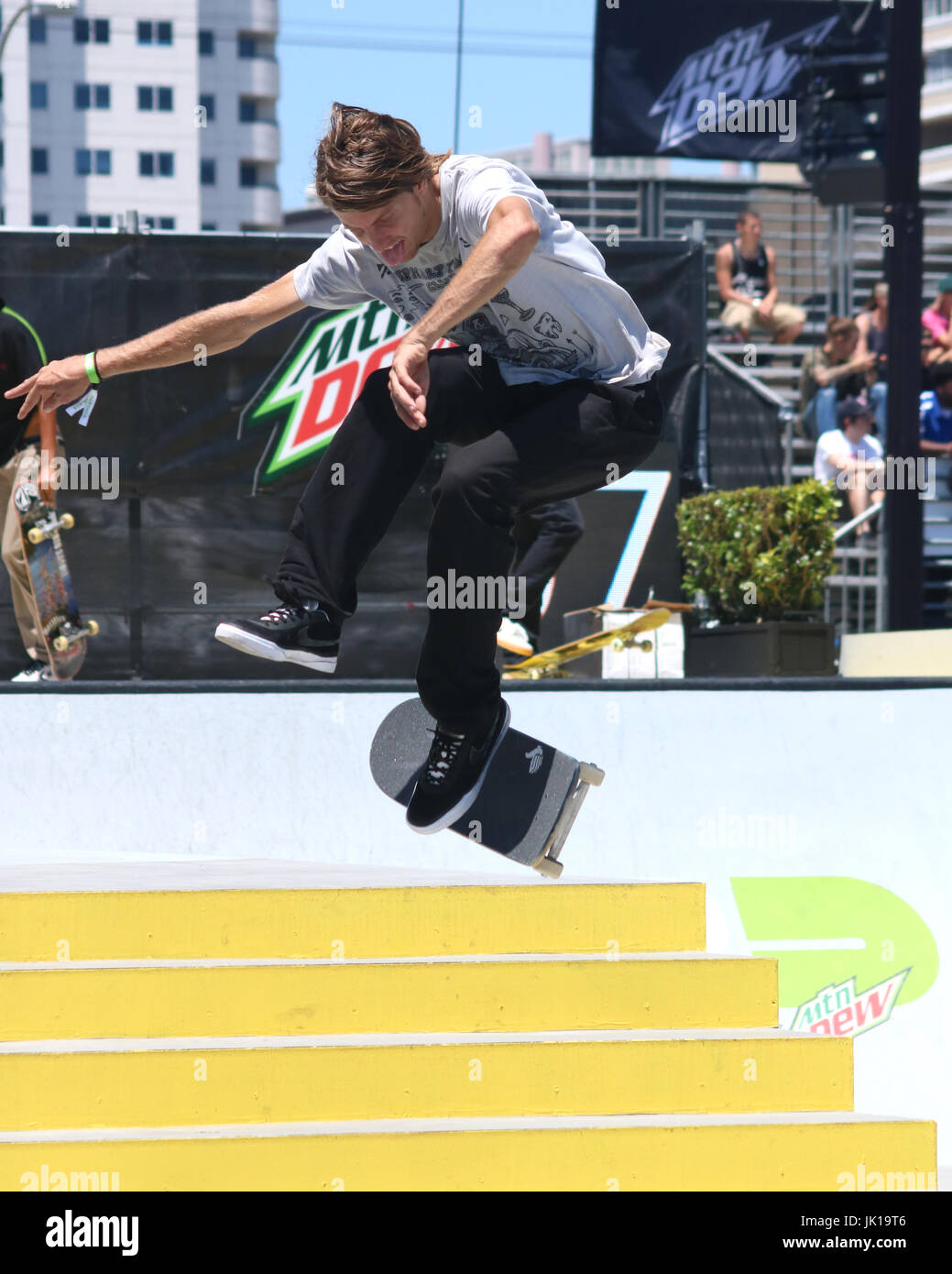 Professional Skateboarders compete at the 2017 Dew tour in Long Beach