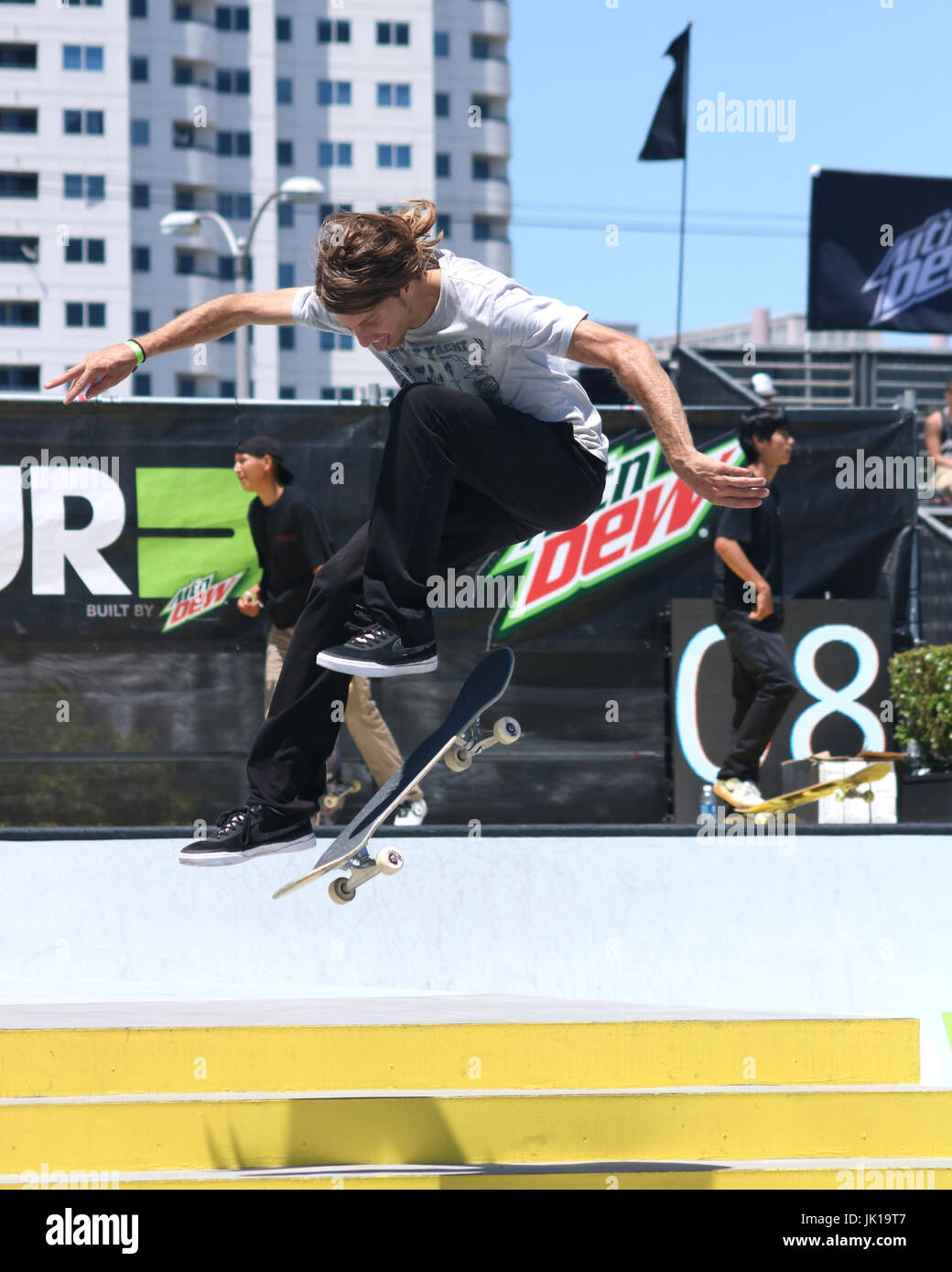 Professional Skateboarders compete at the 2017 Dew tour in Long Beach