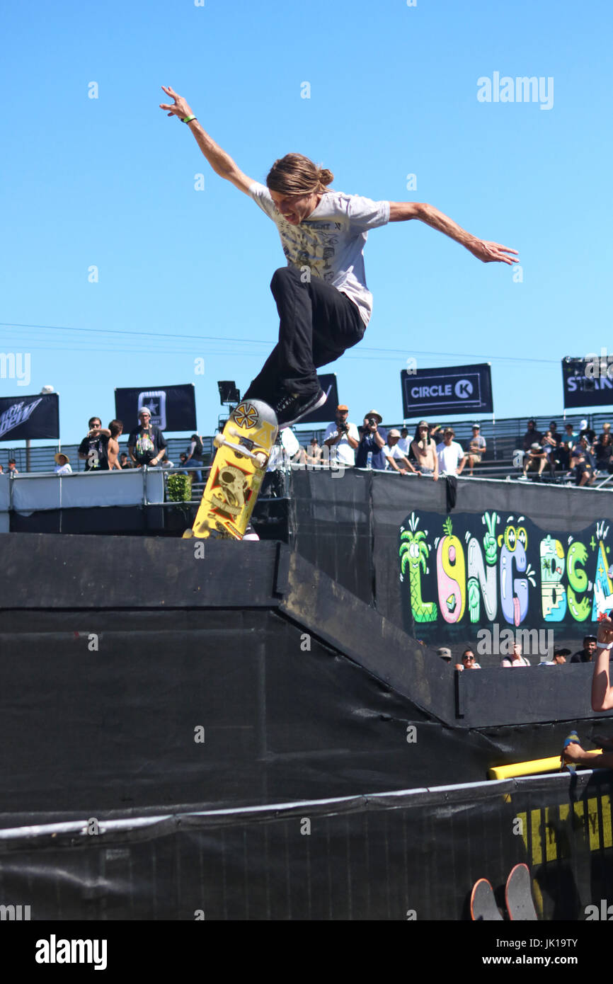 Professional Skateboarders compete at the 2017 Dew tour in Long Beach
