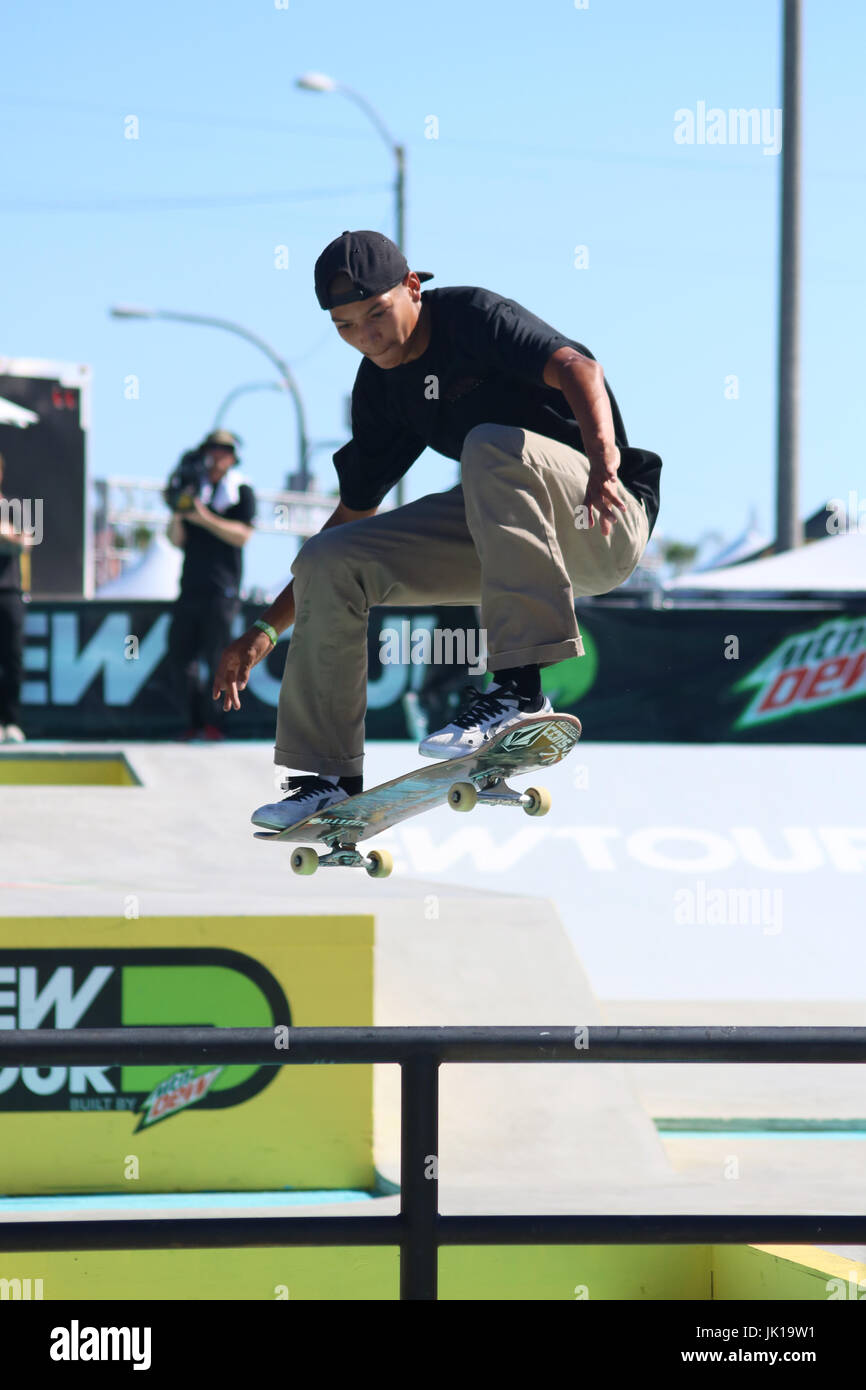 Professional Skateboarders compete at the 2017 Dew tour in Long Beach