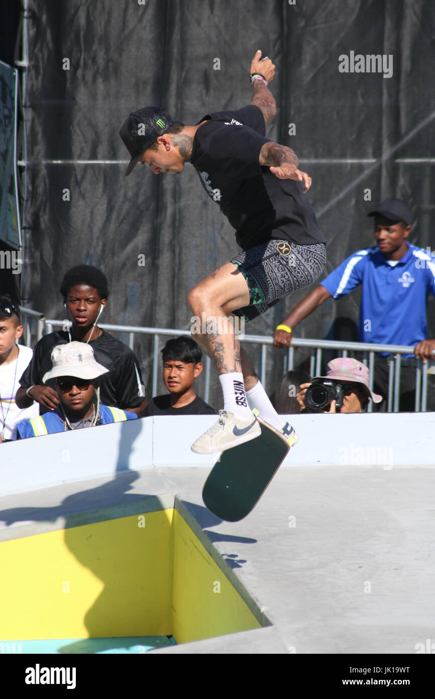 Professional Skateboarders compete at the 2017 Dew tour in Long Beach