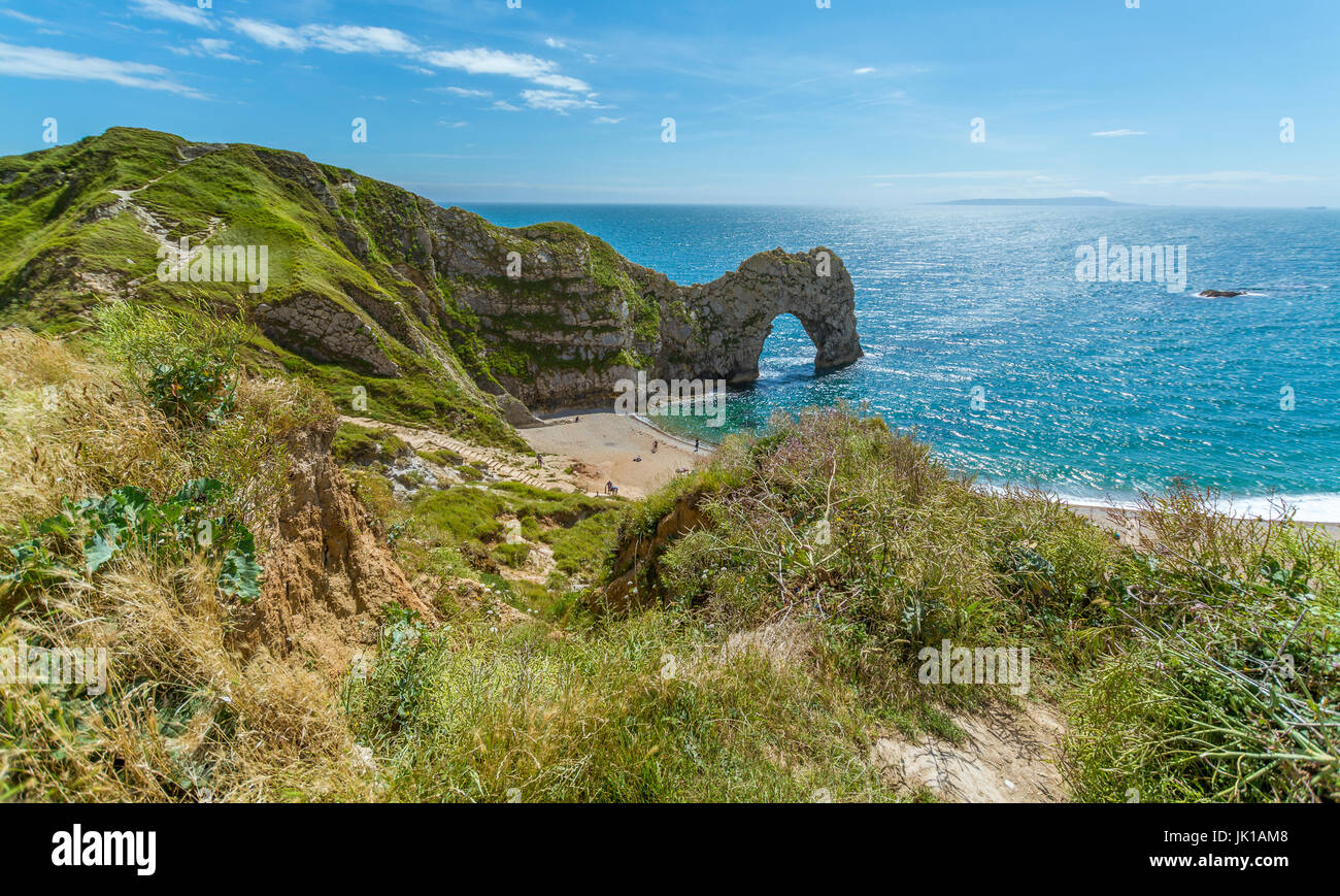 View from the cliff tops at Durdle Door in West Lulwoth, Dorset. Stock Photo